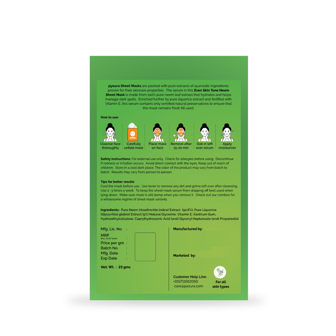 PYOURA Even Skin Tone Neem Face Sheet Mask, Pure Neem Extract, Helps Manage Dark Spots, Pigmentation & Acne-Pimples, Vegan & Cruelty-Free, Pack of 2, Each 23g