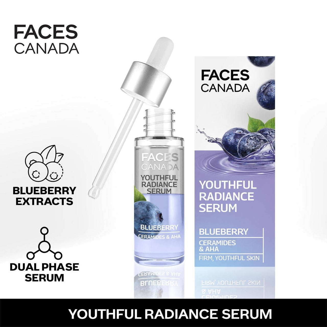 FACESCANADA Youthful Radiance Serum, 27 ml | Blueberry, AHA & Ceramides | Biphasic Face Serum | Anti-Ageing | Brightens, Hydrates, Moisturizes for Younger-Looking, Radiant Skin