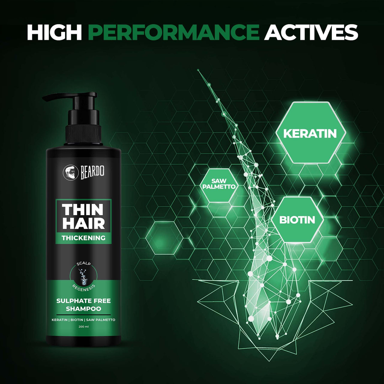 BEARDO Thin Hair Thickening Sulphate Free Shampoo for Men 200 ml | With Biotin, Keratin, Saw Palmetto | Sulphate and Paraben Free Shampoo | For Strong & Thick Hair