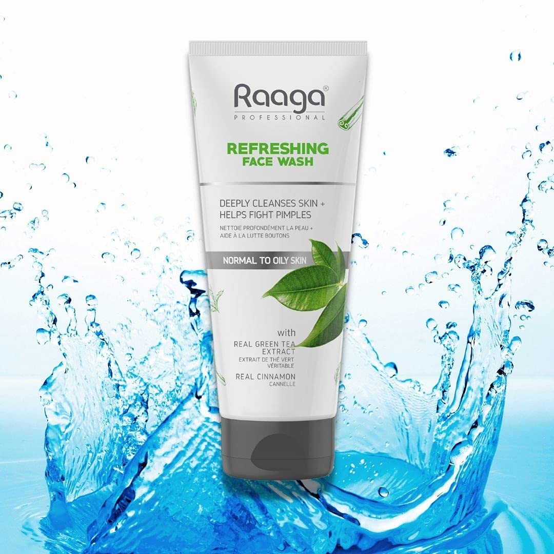Raaga Professional Refreshing Facewash with Green Tea Extract and Cinnamon Extract | For Normal to Oily Skin | Deeply Cleanses Skin & Helps Fight Pimples (80 ml)