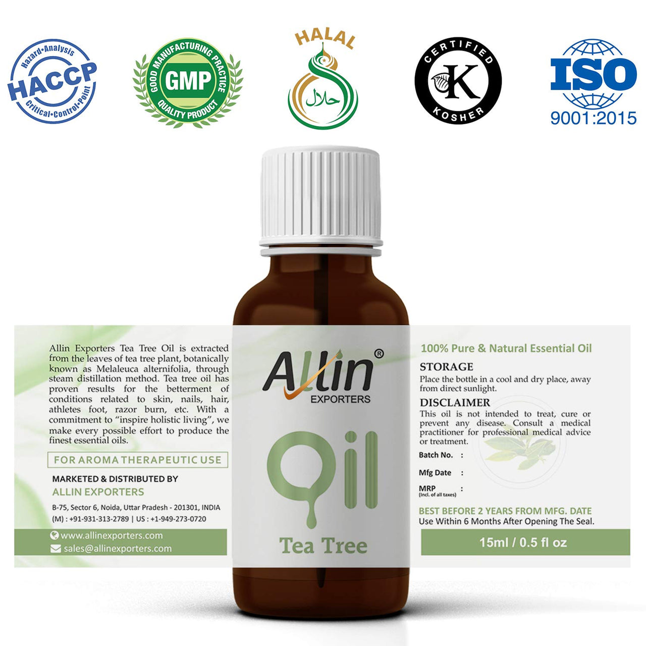 Allin Exporters Tea Tree Essential Oil Undiluted & Pure Aromatherapy Therapeutic Grade for Healthy Skin Hair & Face (15 ML)