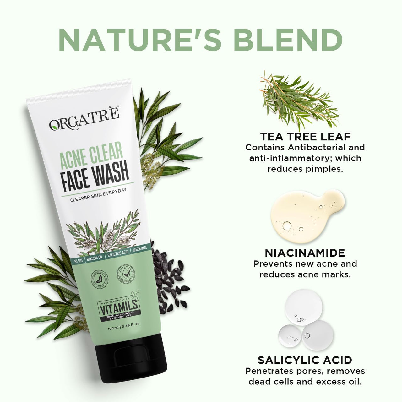 Orgatre Acne Clear Face Wash with Tea Tree, 2% Salicylic Acid & Niacinamide | Anti-Acne & Pore-Cleansing Formula for Clearer Skin | 100ml