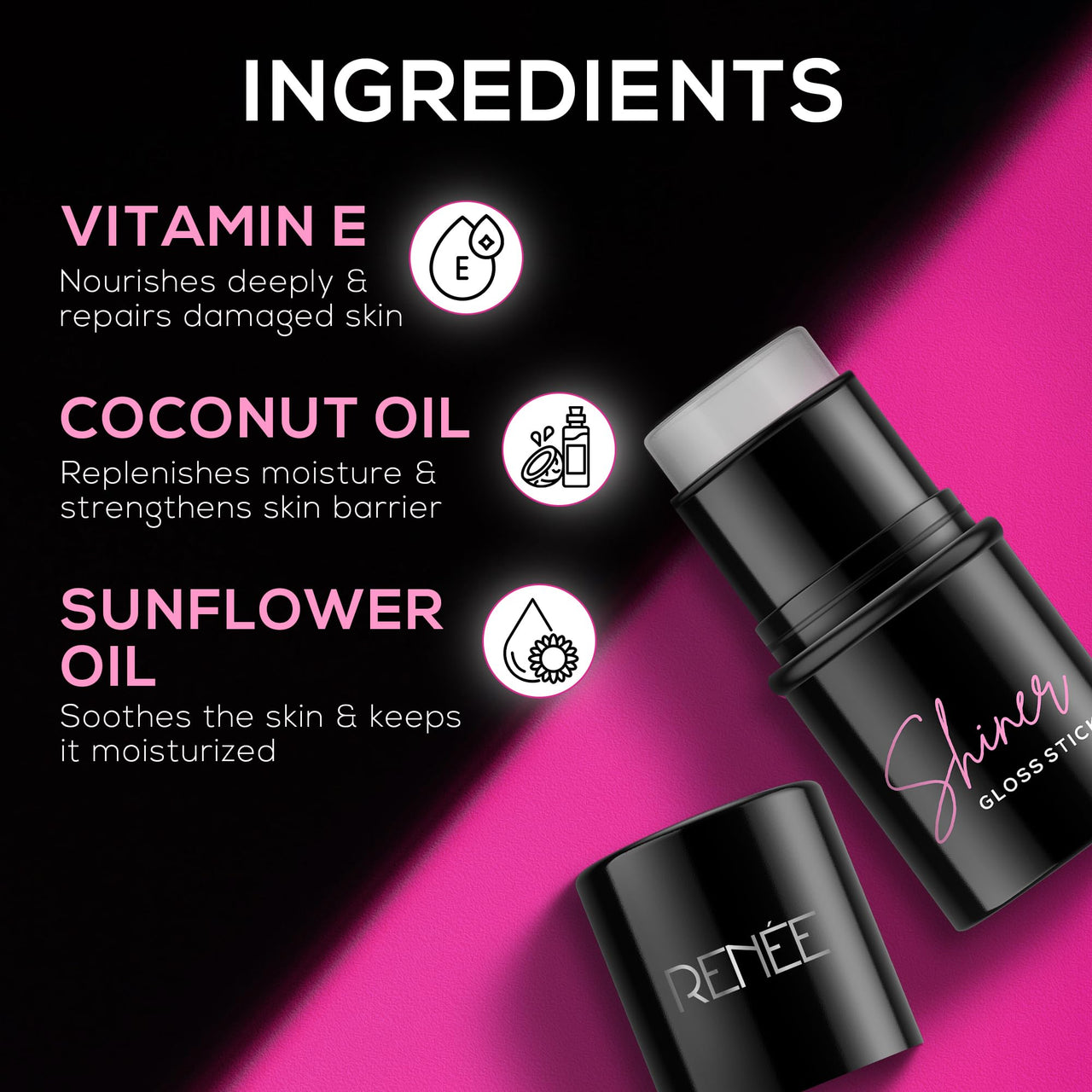 RENEE Shiner Face Gloss Stick | Gives Instant Glossy Shine | Hydrates & Moisturizes | Non-Sticky | Lightweight Formula | Offers Soft Skin | Enriched with Vitamin E, Sunflower Seed & Coconut Oil | 5gm
