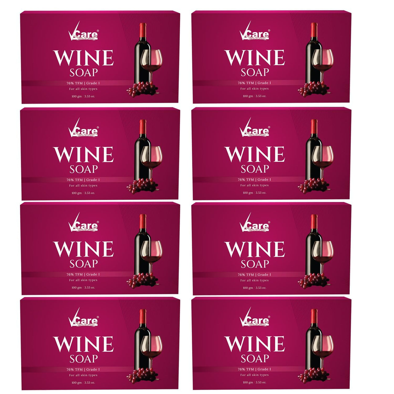 VCare Red Wine Bathing Bar/Soap for Body, Hand, Face 100 gm - Helps to Reduce Fine Lines and Wrinkles for Men and Women (Pack of 8)