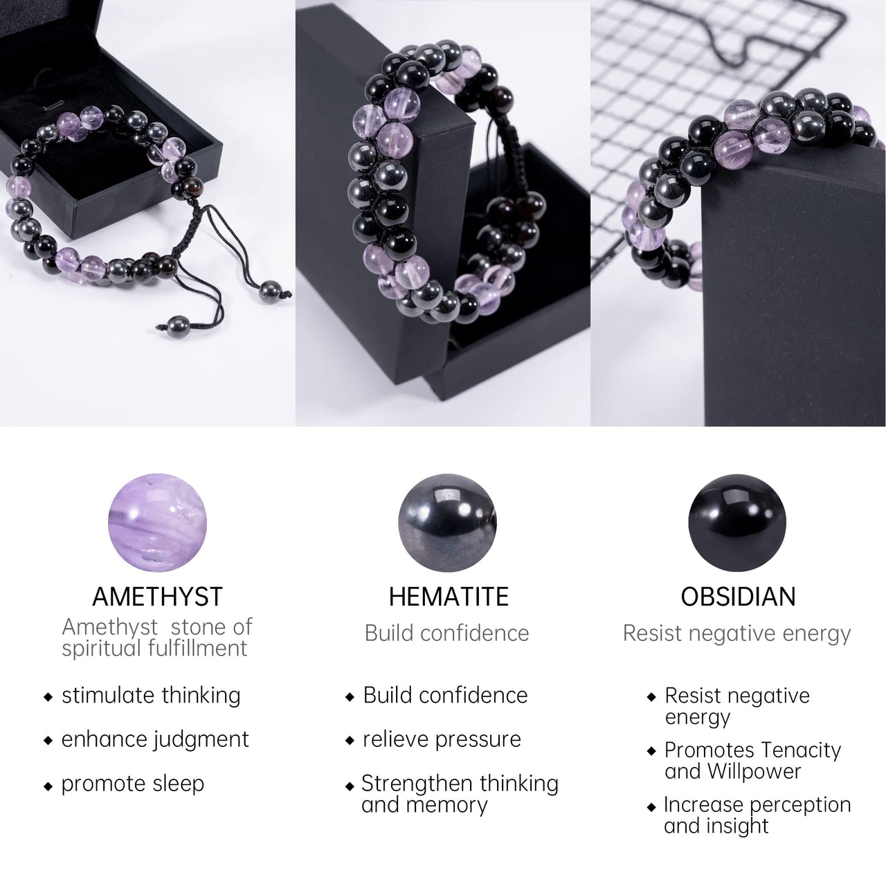 Triple Protection Bracelet for Women, Genuine Premium Healing Crystal Bracelet Amethyst Obsidian Hematite 8mm for Protection and Balance Bringing Good Luck Prosperity Happiness amethyst Triple Bracelet
