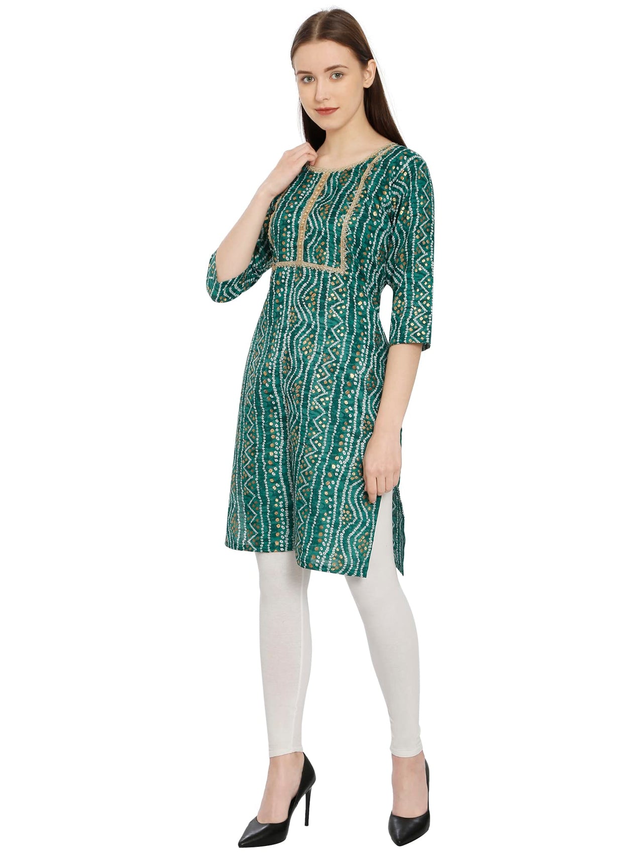 InTrend Forever Bandhani Foil Print Designer || Cotton Kurta for Ladies || Straight Fit || Zari & Sequins lace || Kurtis for Women