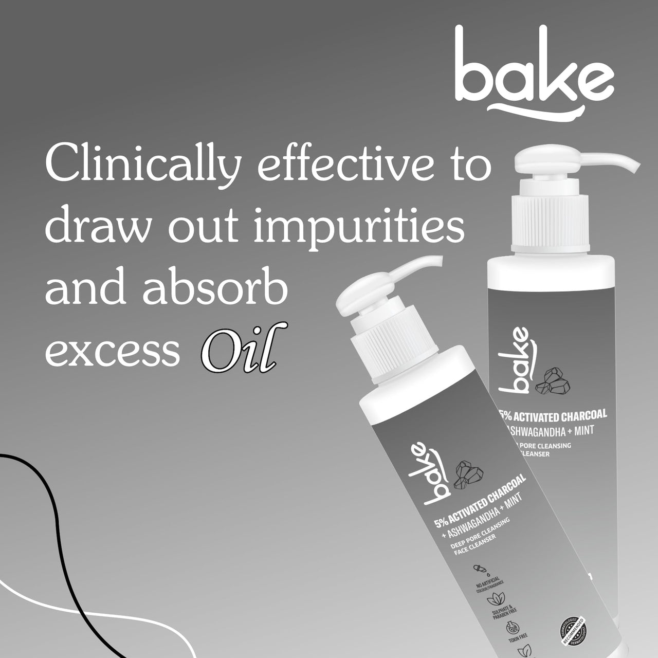 BAKE 5% Activated Charcoal Face Wash with Mint & Ashwagandha | Deep Pore Cleansing Face Cleanser | For Oily, Combination & Acne Prone Skin | 100ml