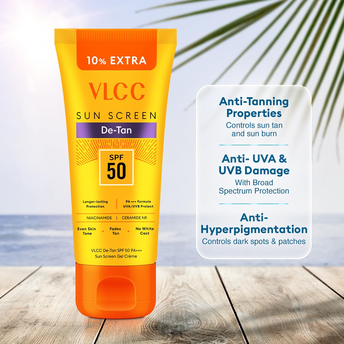 VLCC De-Tan SPF 50 PA+++ Sunscreen Gel Crème - 100g + 10g | With Cucumber, Carrot, and Saxifraga Extracts | Enhances Glow, Protects from UVA, UVB Rays, and Help Reduce Dark Patches.