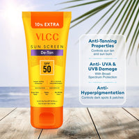VLCC De-Tan SPF 50 PA+++ Sunscreen Gel Crème - 100g + 10g | With Cucumber, Carrot, and Saxifraga Extracts | Enhances Glow, Protects from UVA, UVB Rays, and Help Reduce Dark Patches.