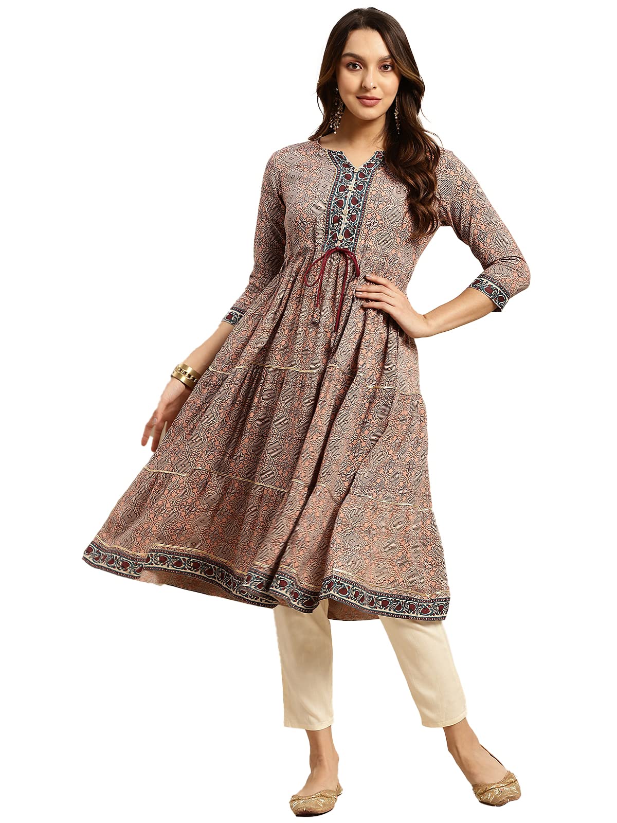 rangita Women Rayon Peach Printed Calf Length Anarkali Tiered Kurti with Contrats Printed Placket