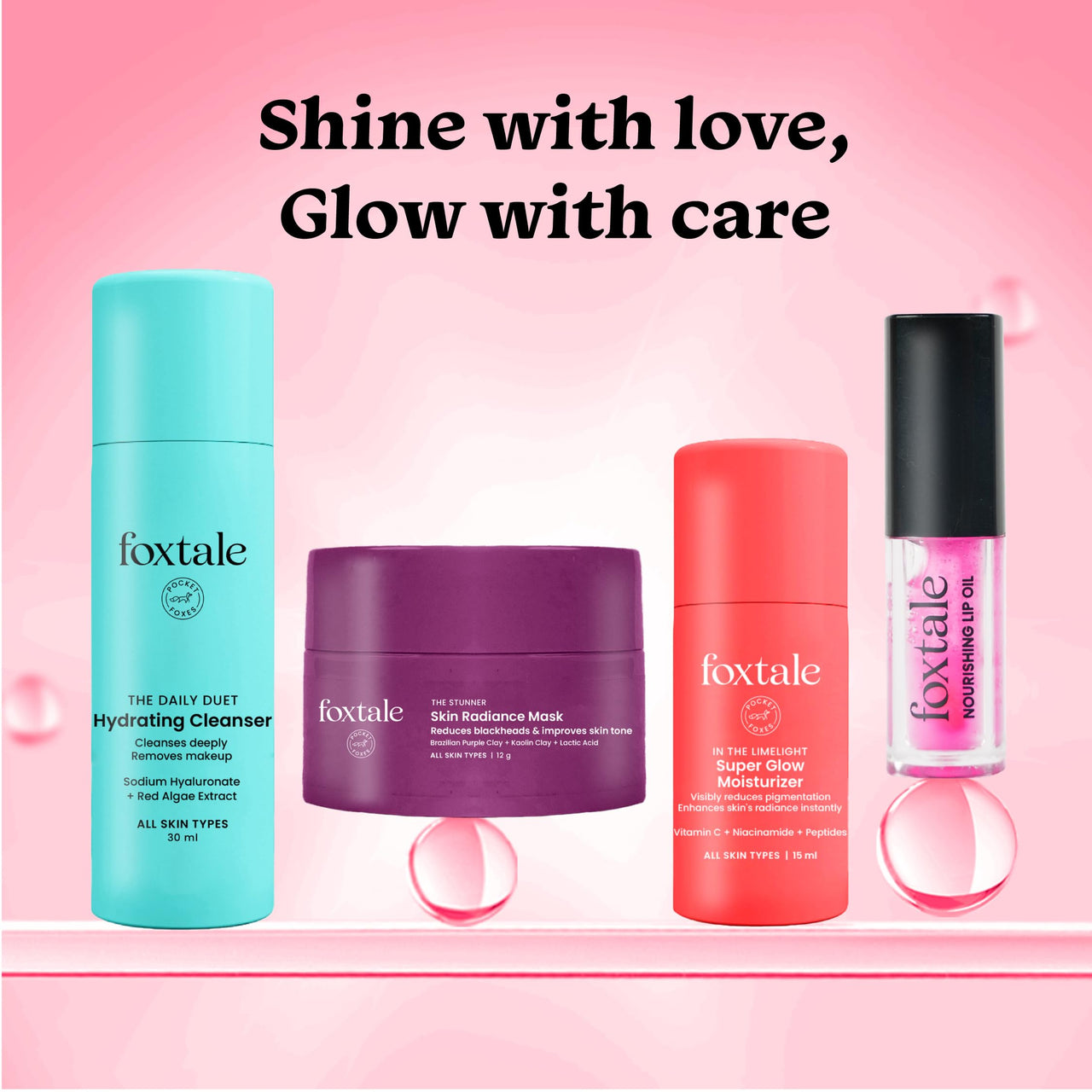 Foxtale Glow On Heartbeat Skincare Gift Set | Hydrating Cleanser, Tan-Removing Face Mask, Nourishing Lip Oil & Free Heart-Shaped Pouch | Travel-Friendly Self-Care Kit for Radiant, Glowing Skin