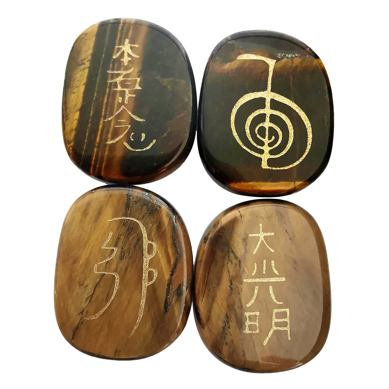Loveliome 4 Pcs Tiger's  Eye Engraved Chakra Stones Healing Crystal Reiki Balancing Palm Stone, 25mm Brown-tiger's  Eye