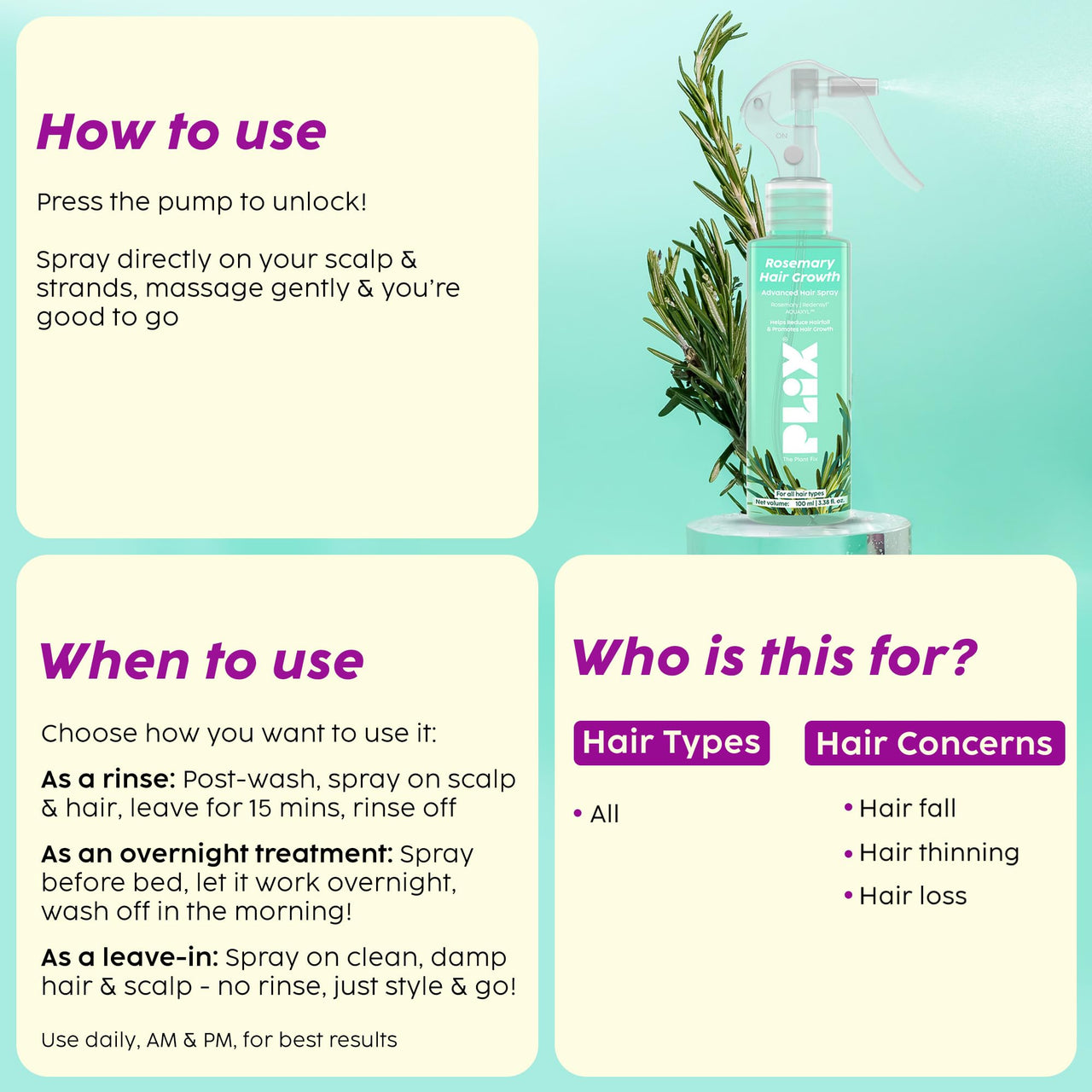 PLIX - THE PLANT FIX Rosemary Hair Growth Advanced Hair Spray for fuller, thicker hair | Redensyl® & Rosemary Extract | Easy to Use | Mess-free | Stimulates Hair Follicles & Promotes Hair Growth | For All Hair Types | 100ml