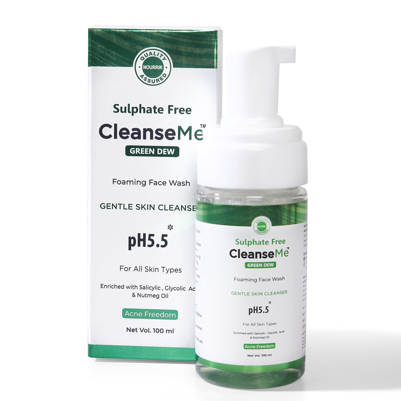 NOURRIR CleanseMe Green Dew Foaming Face Wash | 100ML | Enriched With Glycolic Acid & Nutmeg Oil | Acne Freedom |