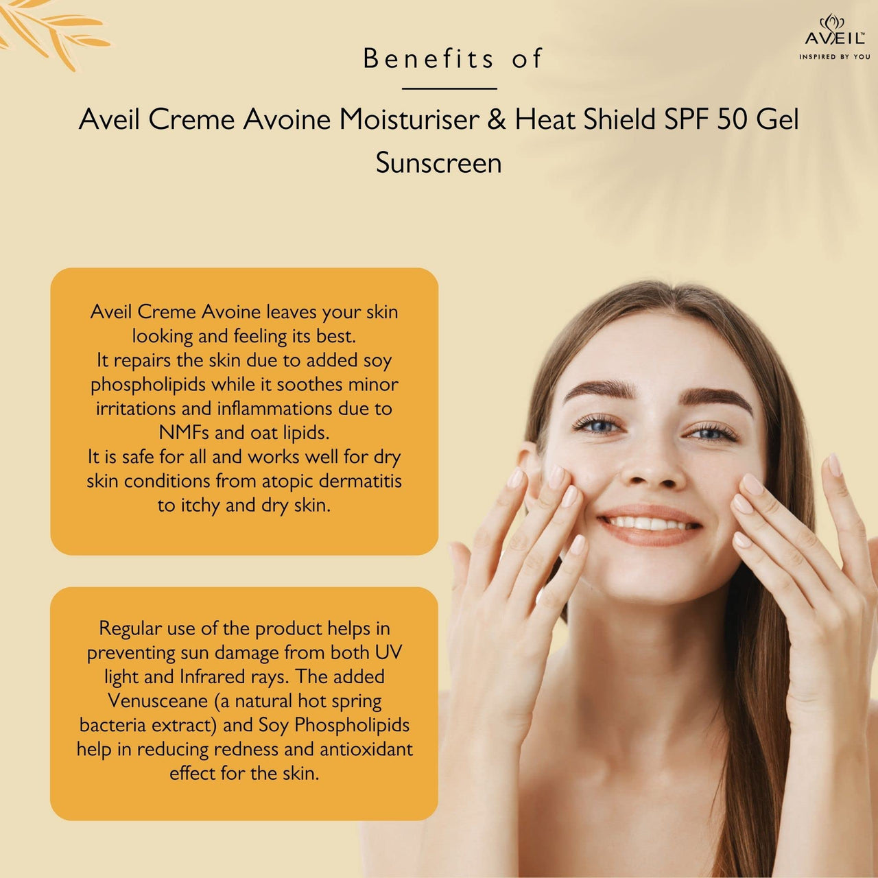 AVEIL Creme Avoine Moisturiser 125 Ml & Heat Shield SPF 50 Gel Sunscreen 50 ml Combo Pack For Soothing & Hydrating | Paraben & Paraffin Free | Dermatologically Tested For All Skin Types