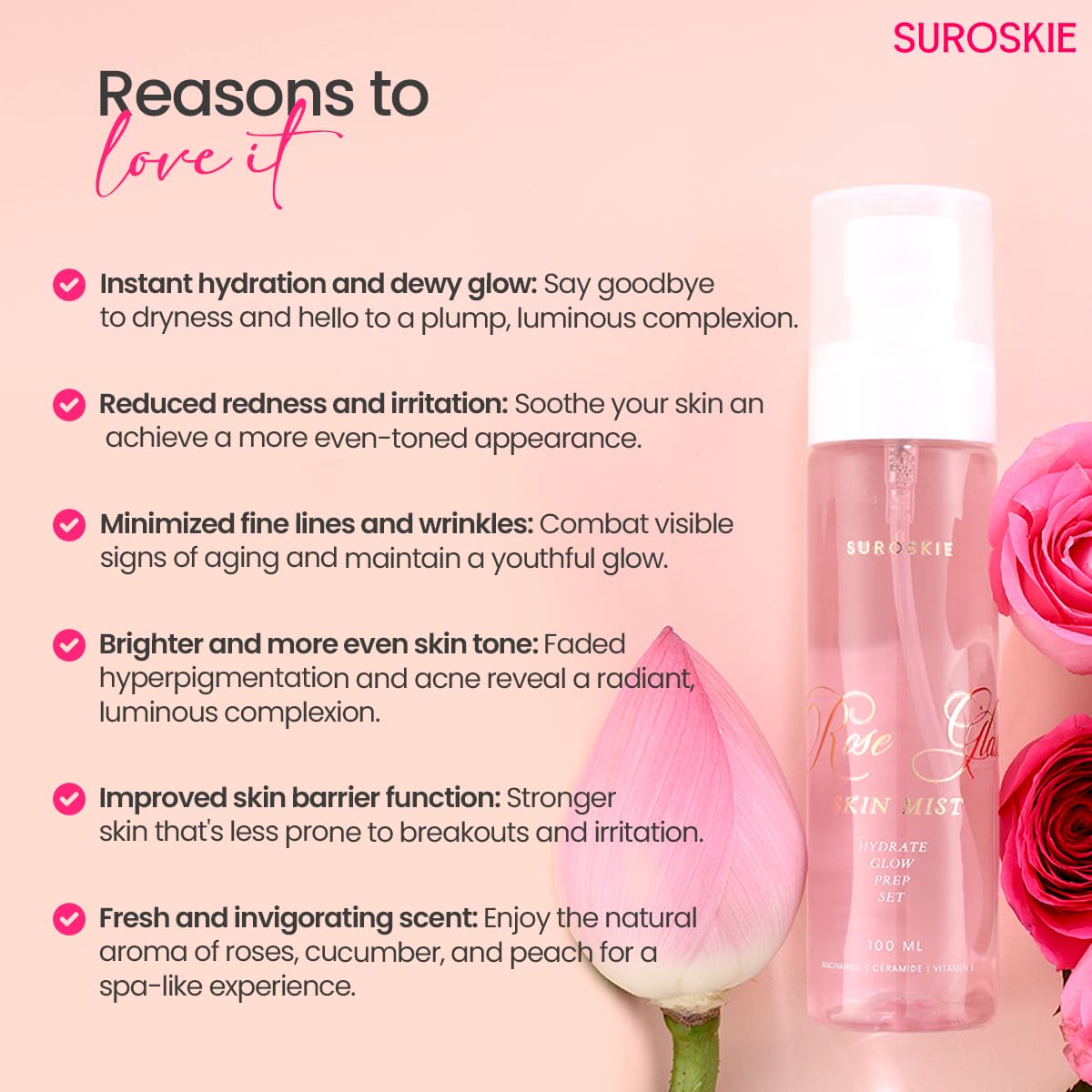 Suroskie Ace Your Base Makeup Combo (Setting Spray & Primer) | Rose Glass Skin Mist & Feather Touch Moisturizer (100Ml Each) | For Glowing Skin | Up To 72 Hrs | All Skin Types | For Men & Women