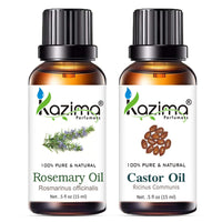 KAZIMA Combo of Rosemary Oil and Castor Oil - 100% Pure & Undiluted Oil for Hair Growth, Skin Care, Aromatherapy, Body & Massage, 15 ml each