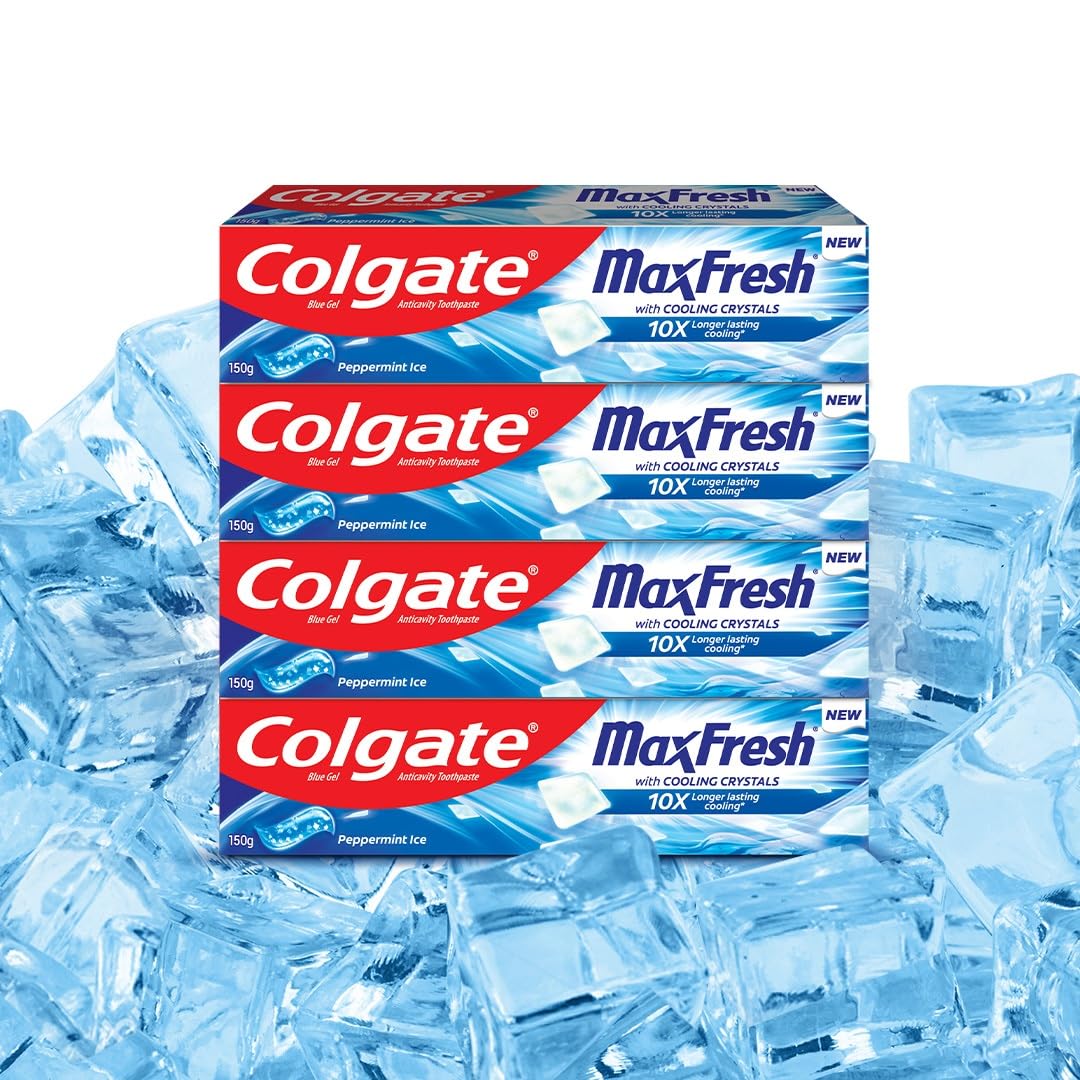 Colgate MaxFresh 600g (150g x 4, Pack of 4) Breath Freshener Toothpaste, , Peppermint Ice, Blue Gel Paste with Menthol, Cooling crystals for bad breath control