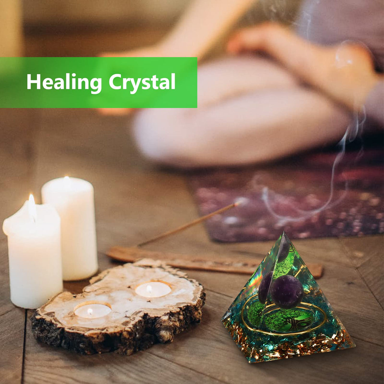 Orgonite Healing Crystal and Stone Orgone Pyramid Amethyst Sphere Life Tree Blance Chakras Pyramid Meditation Aids Sleep, Health Protection Positive Energy Generator to Attract Wealth and Wisdom Green Tree