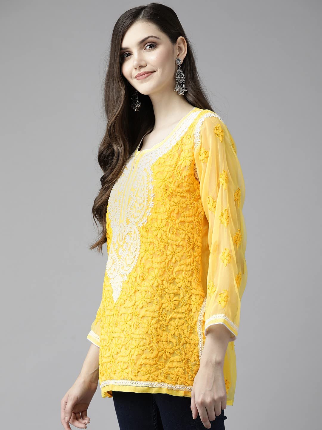 Ada Women's  Hand Embroidered Lucknowi Chikankari Georgette Short Top Kurti with Slip