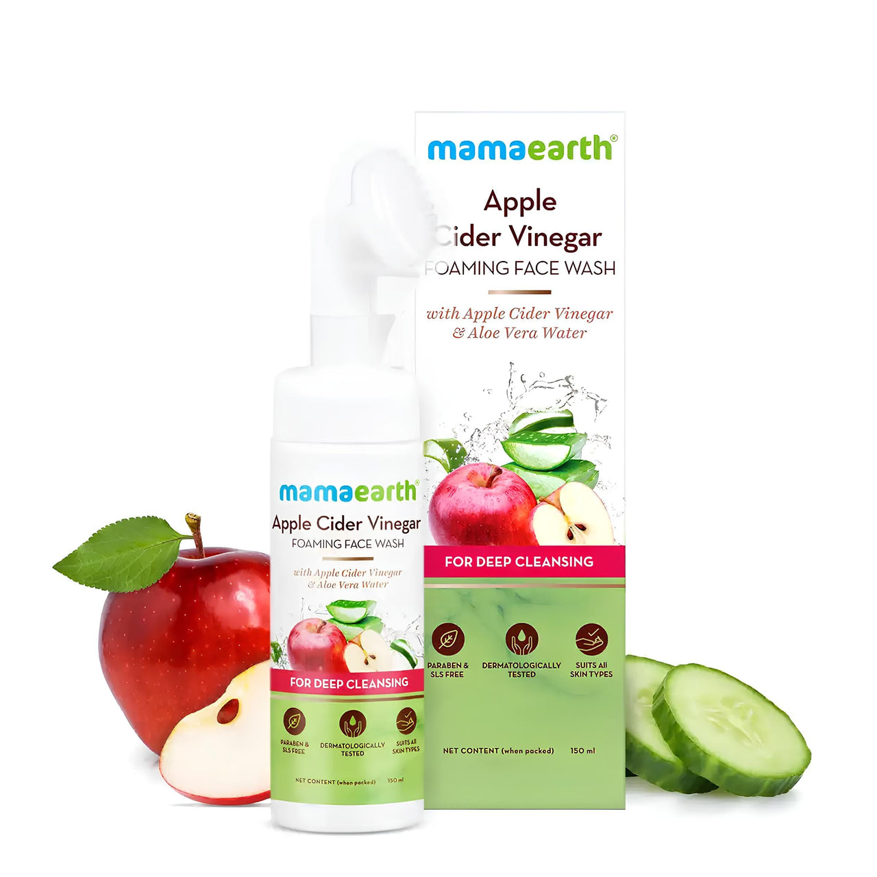 Mamaearth Apple Cider Vinegar Foaming Face Wash with Apple Cider Vinegar & Aloe Vera Water, ACV Foaming Face Wash with Brush for Deep Cleansing - 150ml