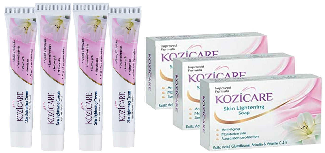 Kozicare Kojic Acid, Vitamin E, Arbutin Skin Whitening Soap, 75g (Pack Of 3) & Kojic Acid, Arbutin, Glutathione Skin Whitening & Lightening Cream, 15g (Pack Of 4)
