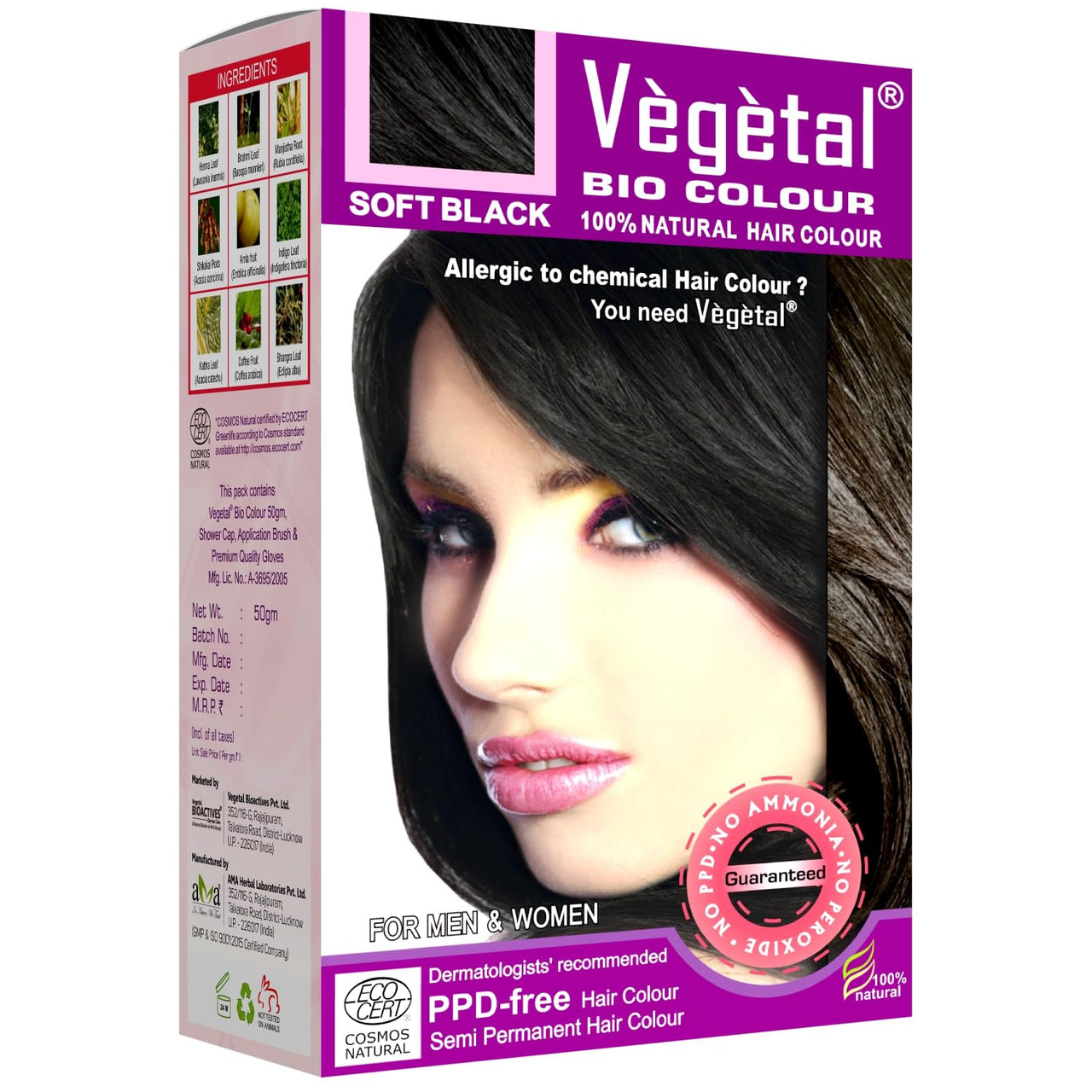 Vegetal Bio Hair Colour - Soft Black | 50g | Achieve Natural, Ammonia-Free Hair Color | PPD-Free, 100% Herbal Certified Organic for Men and Women | UV Protection and Luster Maintenance | Complete Kit