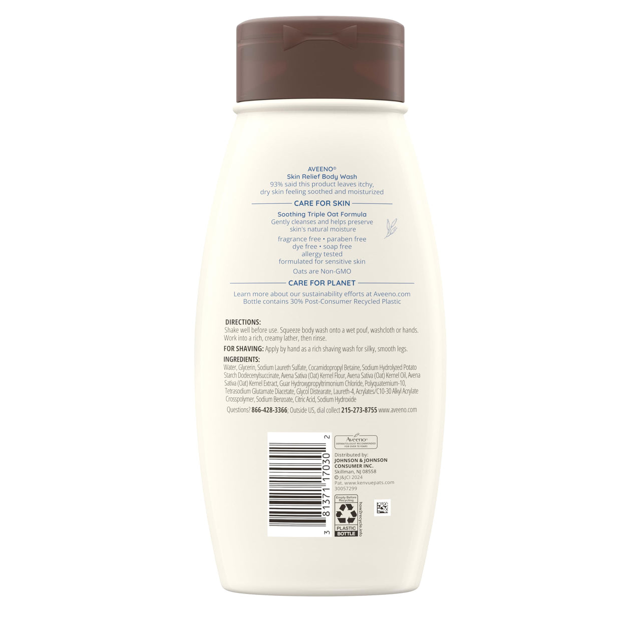Aveeno Active Naturals Fragrance Free Skin Relief Body Wash, Soothing Oatmeal, 18 Ounce