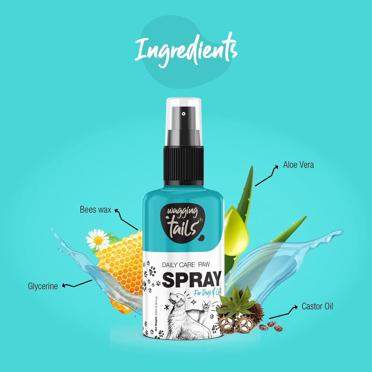 Wagging Tails Daily Care Paw Spray for Summer Walk- 100ml for Dirty, Dry, chapped and Muddy Paws | Natural Spray with Fragrance for Dogs, Cats and Puppies paw - Dog paw Clener Spray