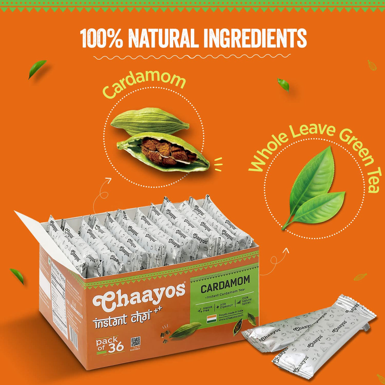 Chaayos Instant Assam Tea Powder Premix|Cardamom|Regular Sugar (14G * 36 Sachets)|Elaichi Chai|Cardamom Tea|1 Min Chai|Assam Tea|Masala Tea Premix,510 Gm