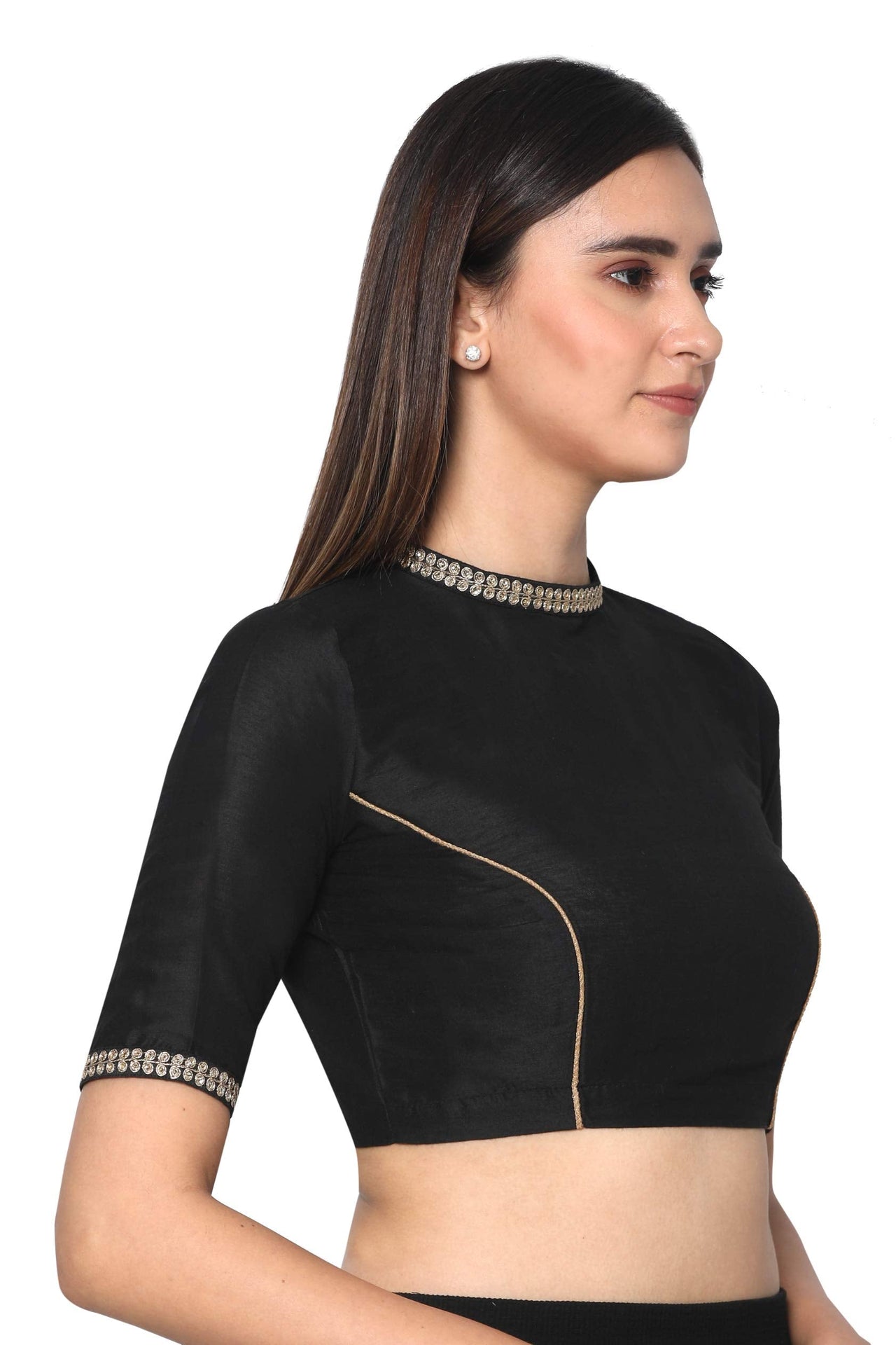 RENE Women's  Silk Solid Half Sleeve Blouse (D-1005170-BLACK-32_Black_32)