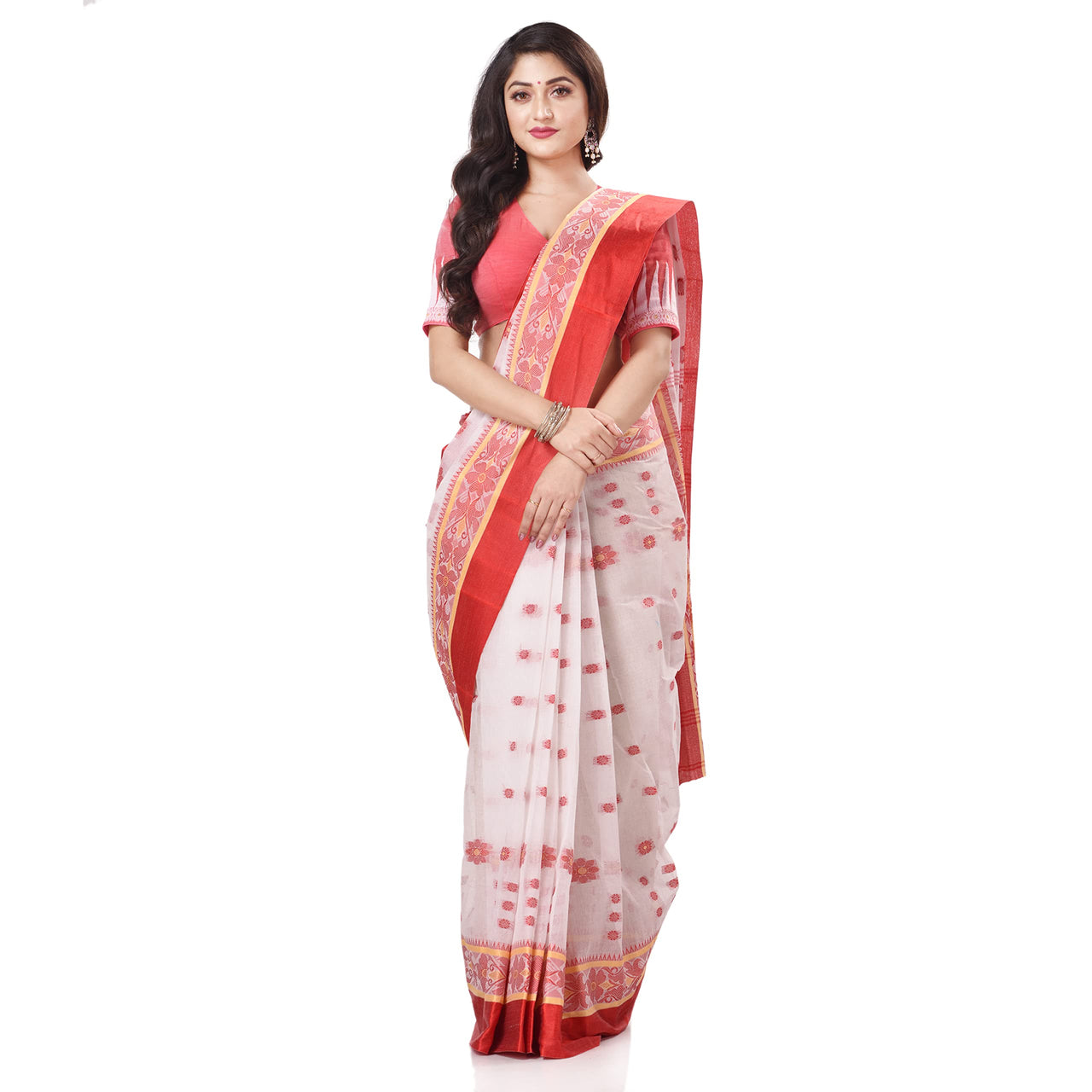 dB DESH BIDESH Women`s Traditional Bengal Phulkoli Woven Design Pure Handloom Cotton Saree Without Blouse Piece White Red