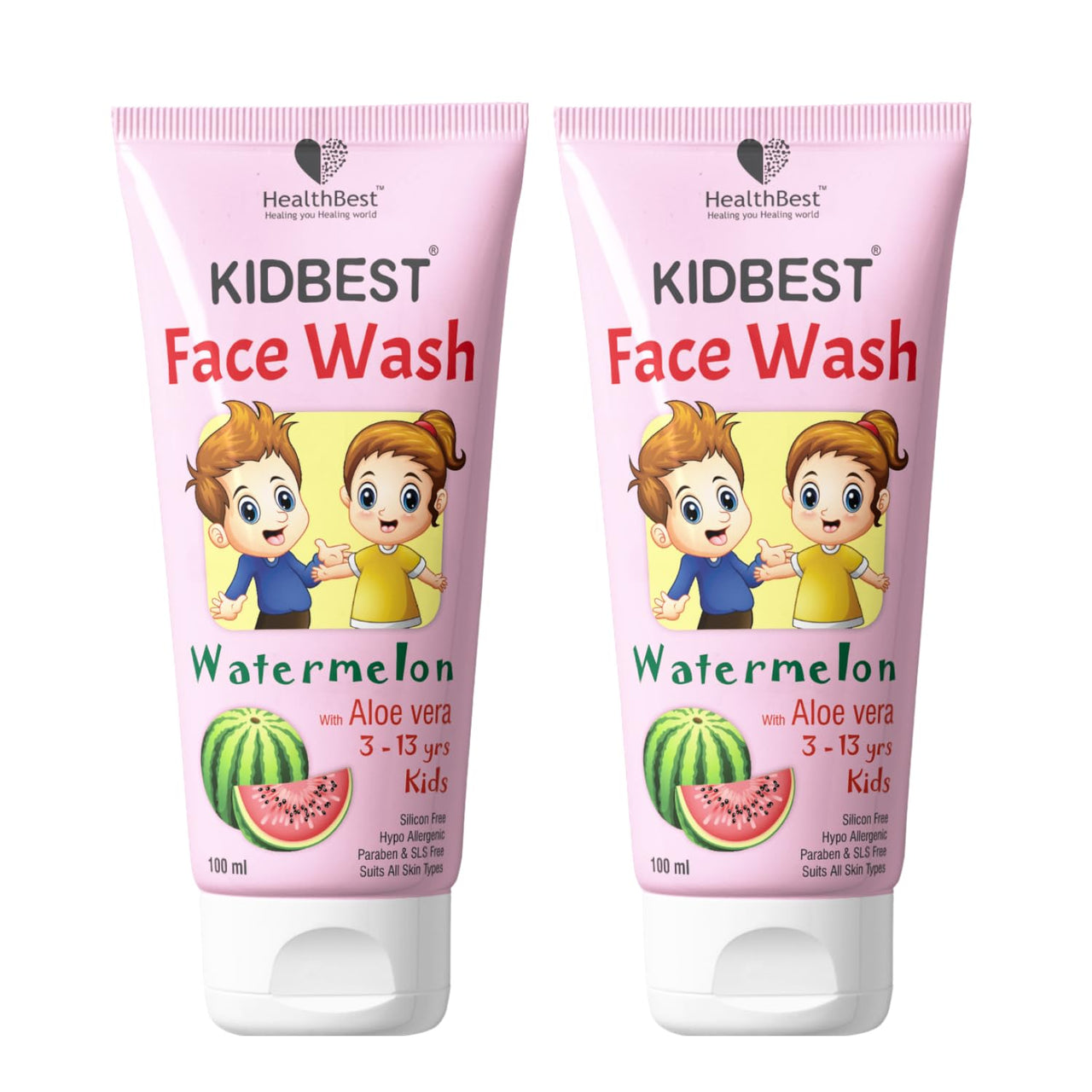 HealthBest Kidbest Face wash for 3-13 Years Kids | Normal Skin, Sensitive Skin & Dry Skin | Tear, Paraben, SLS free | Watermelon Flavor | 100ml (Pack of 2)