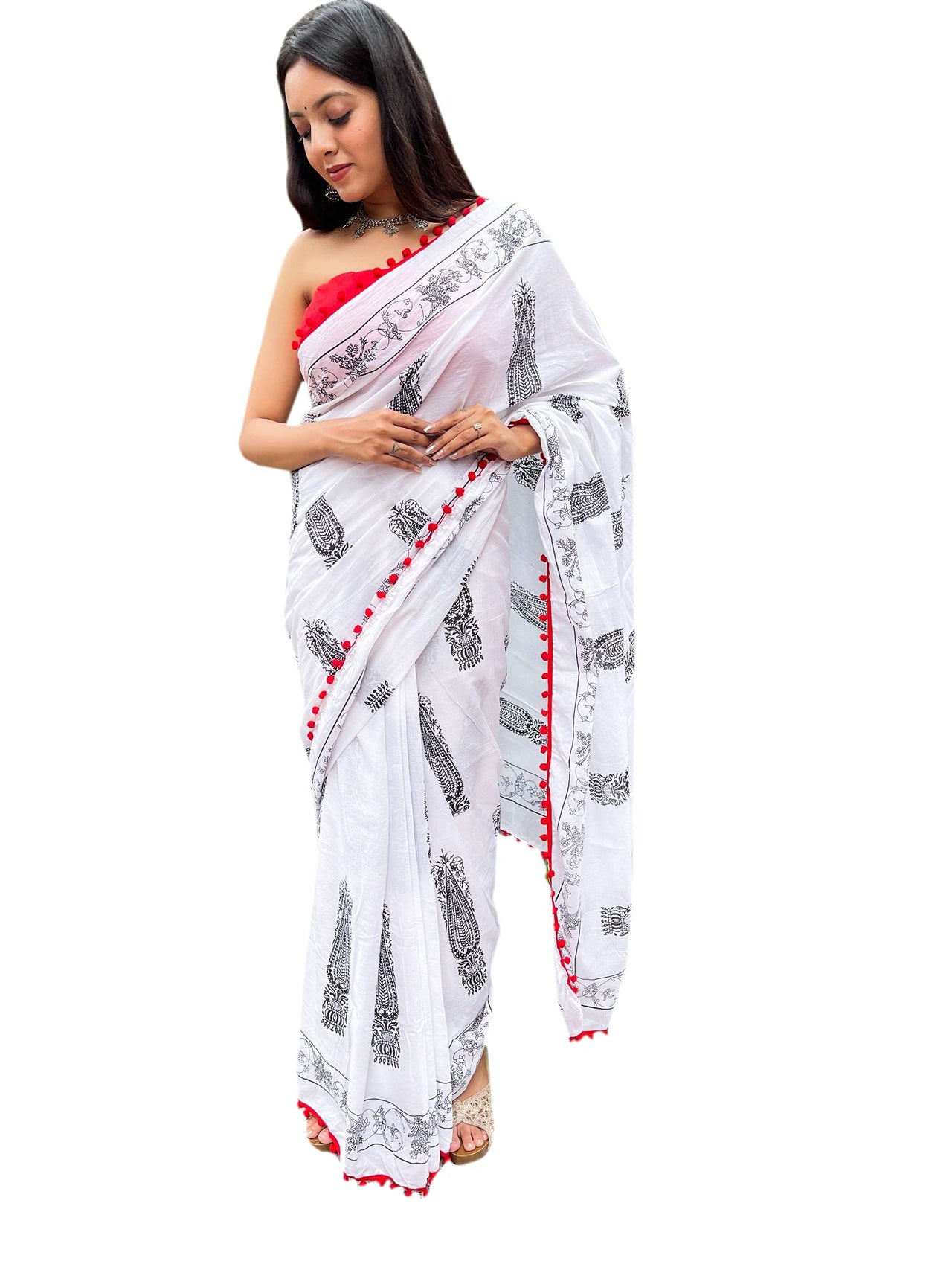 Shivanya Handicrafts Cotton Mulmul Saree for Women Attached Pom Pom Lace Red & Black 1