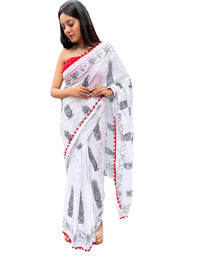 Shivanya Handicrafts Cotton Mulmul Saree for Women Attached Pom Pom Lace Red & Black 1