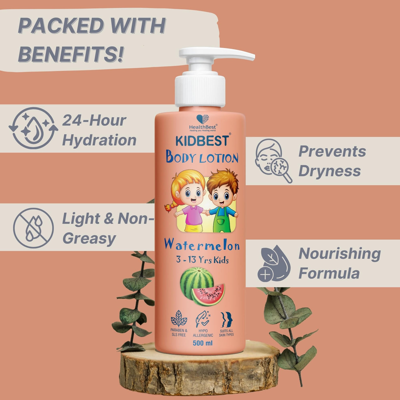 HealthBest Kidbest Body Lotion for Kids | Anti-Bacterial | Normal Skin, Sensitive Skin & Dry Skin | Tear, Paraben, SLS free | Watermelon Flavor | 500ml