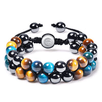 DHQH Triple Protection Bracelet Natural Black Obsidian Tigers Eye Hematite 8-10mm Beads Handmade Bracelet- Healing Crystal Bracelet Bring Luck Prosperity and Happiness A-Blue Triple Bracelet