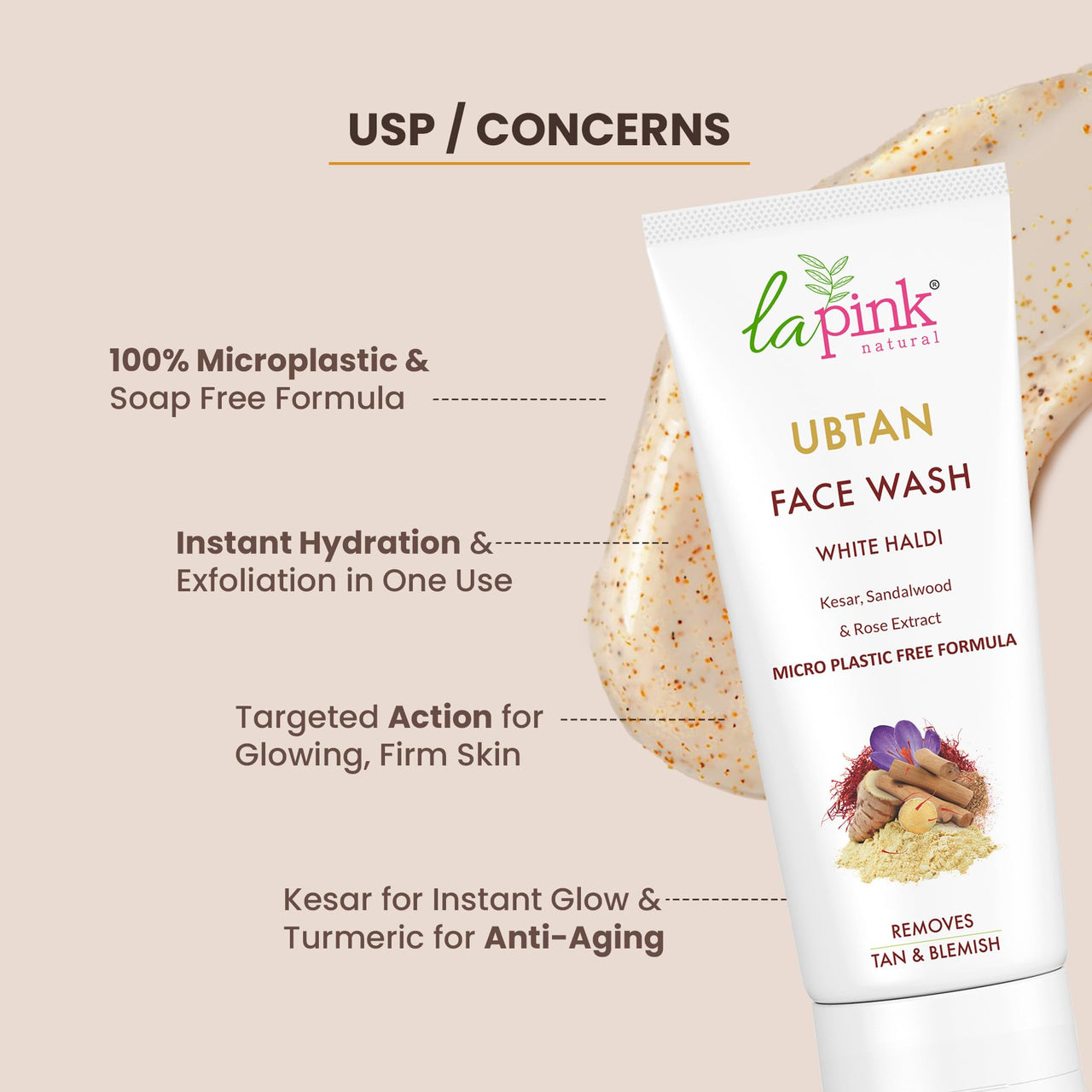 La Pink Ubtan Face Wash | Gently Exfoliates & Brightens Skin | Removes Tan, Dirt & Impurities | With Walnut Beads, Kesar, Sandalwood & White Haldi | Soap-Free & 100% Microplastic-Free | All Skin Types | 100ml