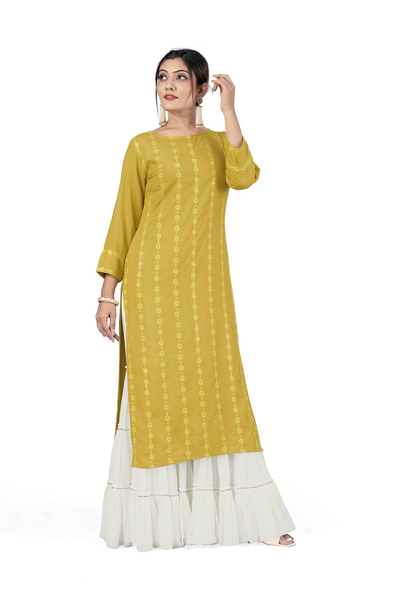 Fashion Dream Women Viscose Rayon Sequence Embroidered Straight Kurti