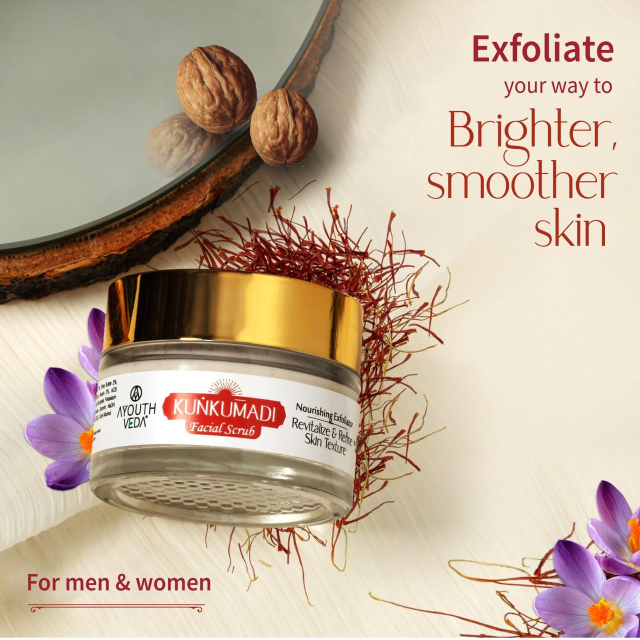 Ayouthveda Kunkumadi Face Scrub | Revitalize & Refine Skin Texture | With Walnut, Finest Kashmiri Saffron & Sunflower Extract | Cleanse Impurities & Promote New Cell Growth (Pack Of 1-50g)