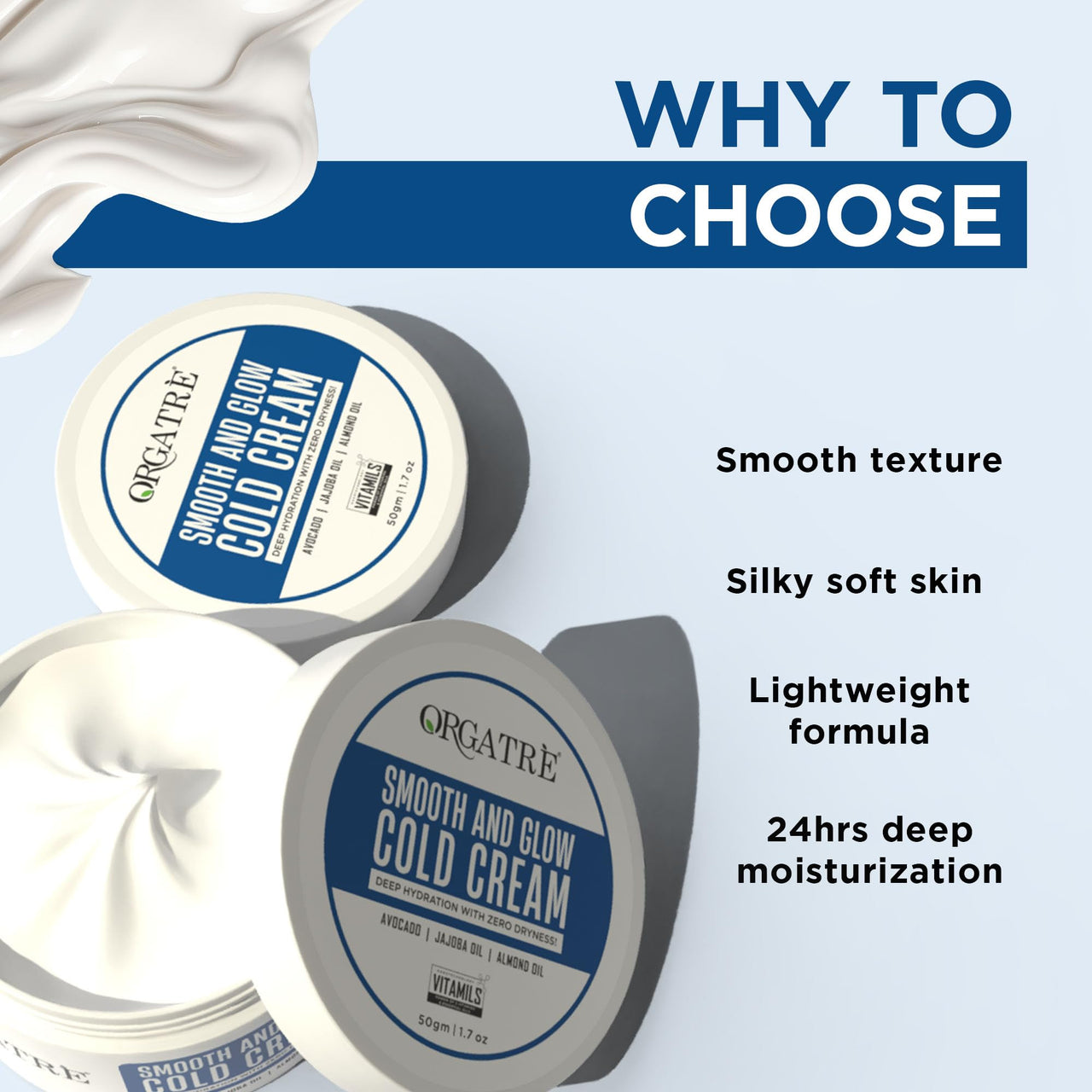 ORGATRE Smooth & Glow Cold Cream for Winter | Deep Hydration for Dry Skin | With Avocado, Jojoba & Almond Oil | Nourishing Face Cream for Women & Men | Softens & Protects – 50gm