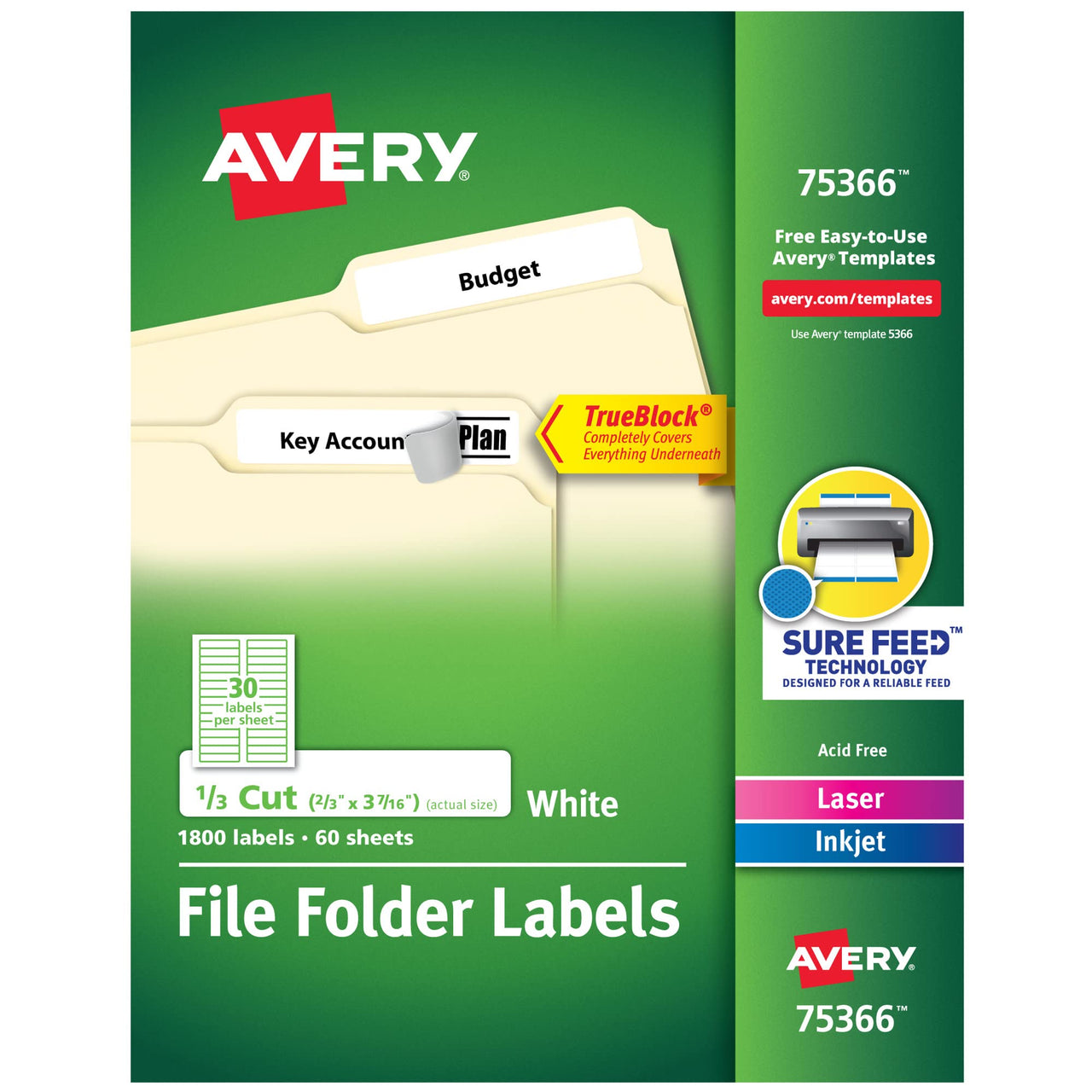 Avery TrueBlock File Folder Labels, 2/3" x 3-7/16", 1,800 Printable Labels, White, Permanent (75366) 1800 Labels