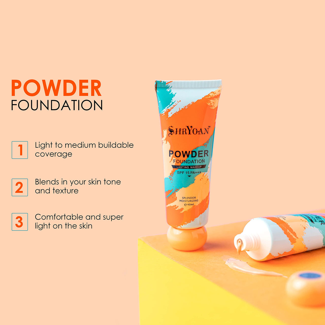 Shryoan Powder Foundation SPF 15PA+++ 40ml | Creamy Full Coverage for Combination Skin| Smoothing Finish | Alcohol-Free | Long Lasting Makeup | Natural Matte Finish | 16H Oil Control | Pack of 1 | 40 ML | Shade 03