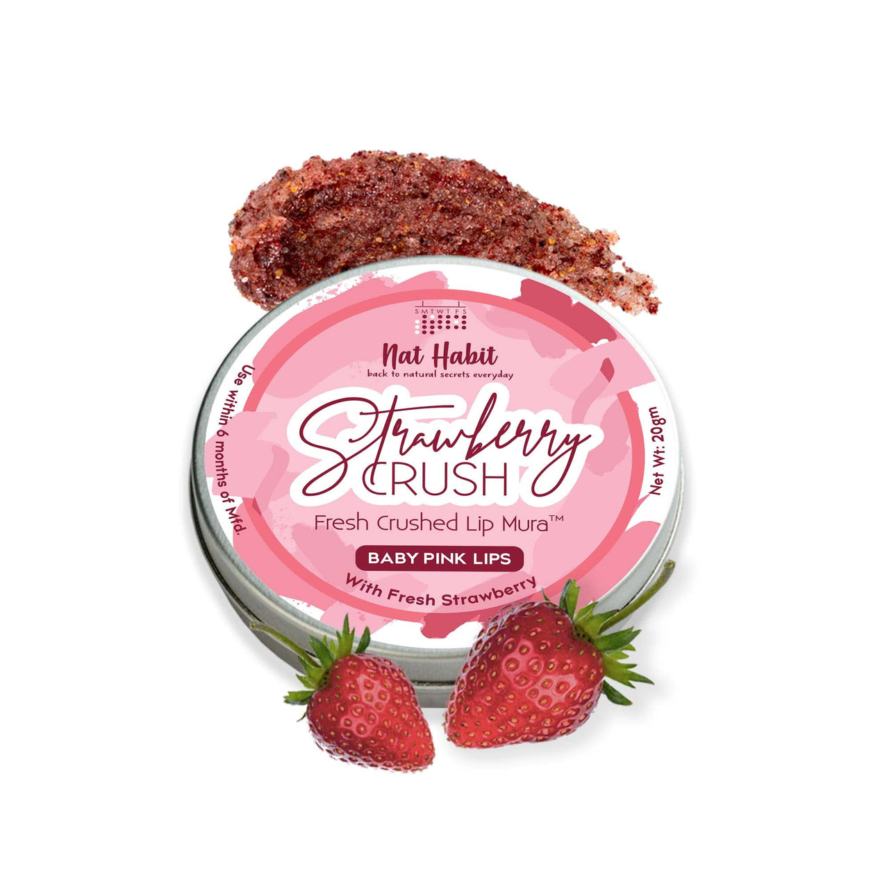 Nat Habit Lip Scrub, Strawberry Crush Lip Mura, Lip Mask For Baby Pink Lips, Discoloration, & Dark Lips Lip Care, Chemical & Preservatives Free (Pack of 1, 20 gm)