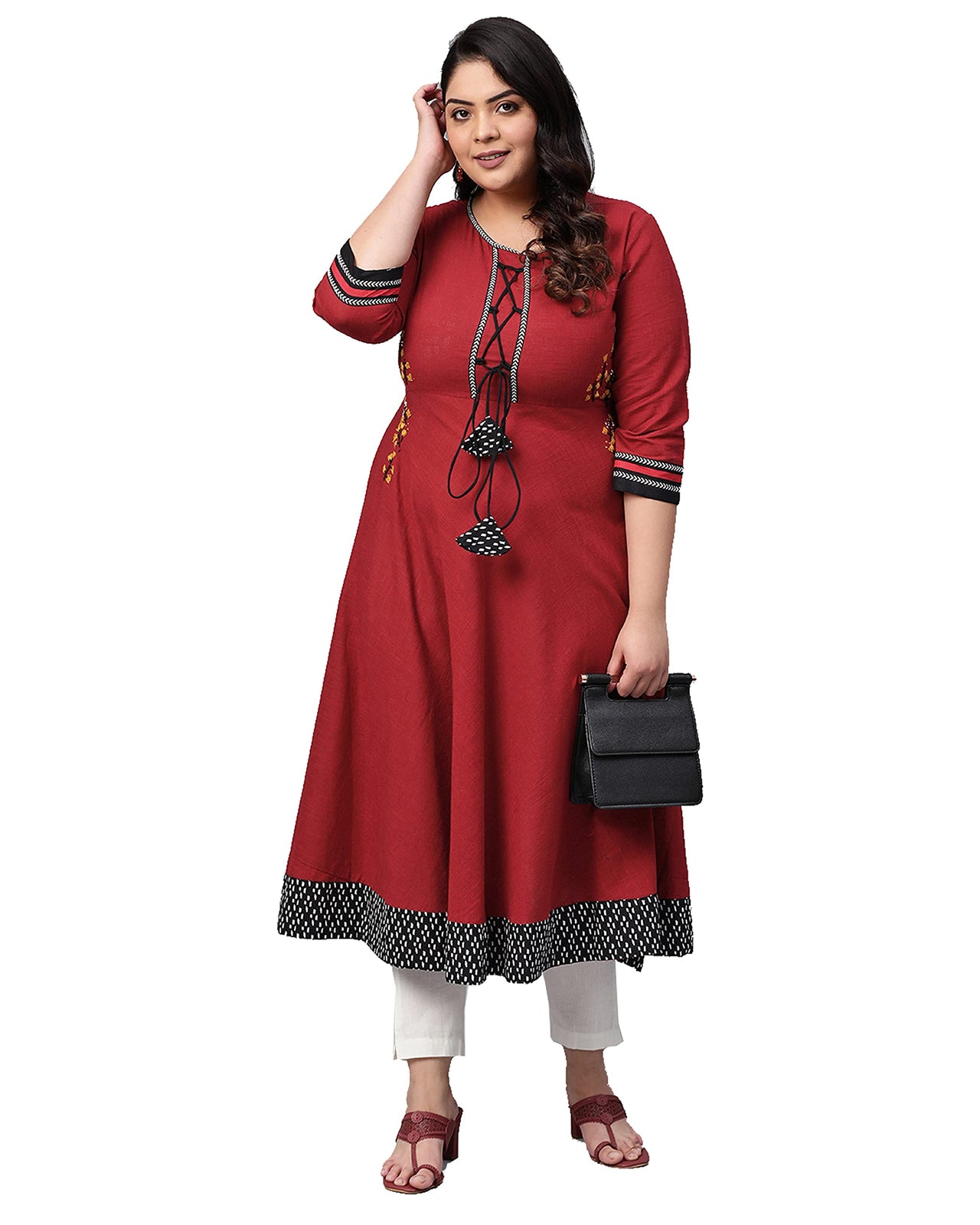 Yash Gallery Women's  Cotton Slub Embroidered Anarkali Kurta Maroon