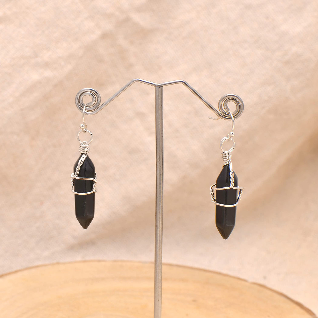 Black Onyx Wire Wrapped Point Crystal Earrings for Women Reiki Energy Healing Black Onyx