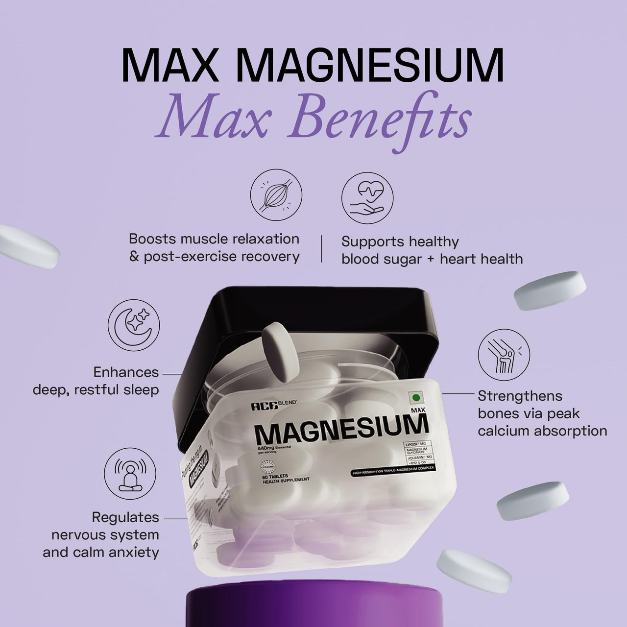 Ace Blend Max Magnesium (120 tablets) | 1600mg Triple Complex | 440mg Elemental Magnesium | Calcium, Vegan Vitamin B12 & D3 | Promotes Deep Sleep, Muscle Recovery & Heart Health