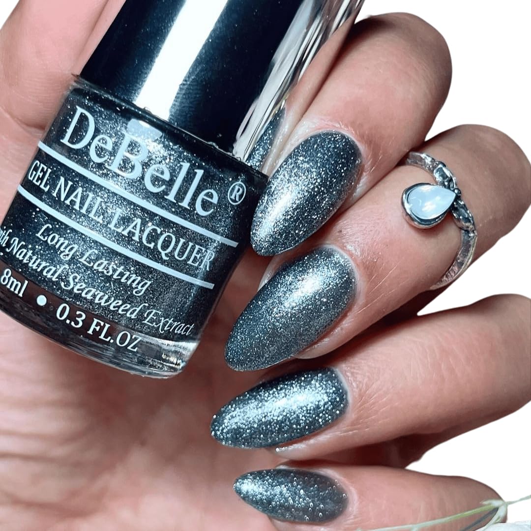 DeBelle Gel Nail Polish Grey Glitteratti (Silver Glitter Nail Paint)|Non UV - Gel Finish |Chip Resistant | Seaweed Enriched Formula| Long Lasting|Cruelty and Toxic Free| 8ml
