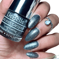 DeBelle Gel Nail Polish Grey Glitteratti (Silver Glitter Nail Paint)|Non UV - Gel Finish |Chip Resistant | Seaweed Enriched Formula| Long Lasting|Cruelty and Toxic Free| 8ml