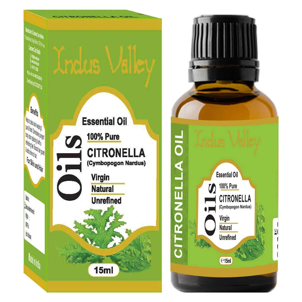 Indus Valley 100% Pure Natural & Organic, Undiluted citronella Essential Oil with Glass Dropper for Skin, Hair Care -15ml